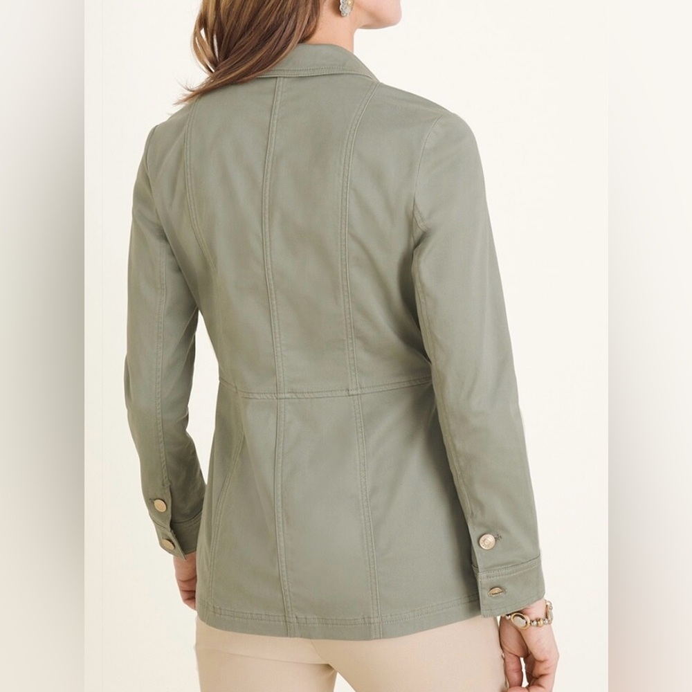 NWT Chico’s Elongated Sateen Utility Jacket Olive Green Military Safari Field - Picture 5 of 12